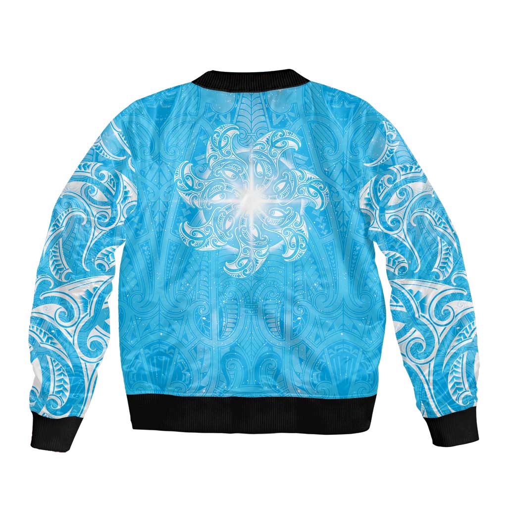 New Zealand Matariki Waiti Sleeve Zip Bomber Jacket Maori Moko Cyan Galaxy