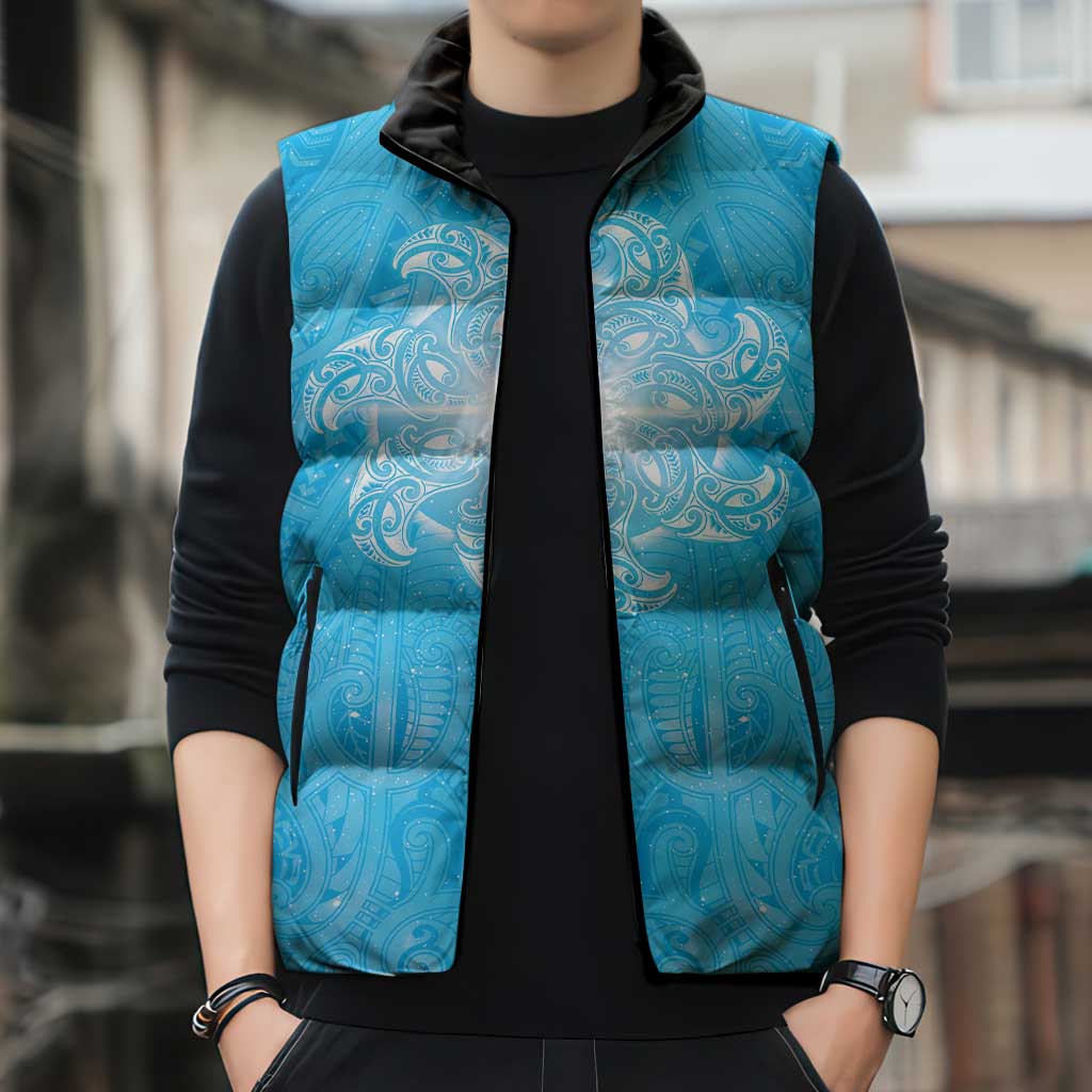 New Zealand Matariki Waiti Sleeveless Puffer Jacket Maori Moko Cyan Galaxy