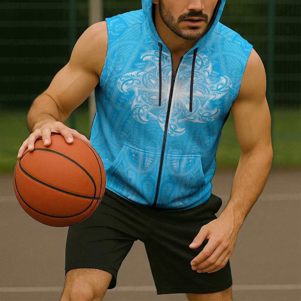 New Zealand Matariki Waiti Sleeveless Zip Hoodie Maori Moko Cyan Galaxy LT05 - Polynesian Pride