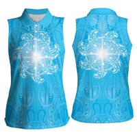 New Zealand Matariki Waiti Women Sleeveless Polo Shirt Maori Moko Cyan Galaxy LT05 - Polynesian Pride