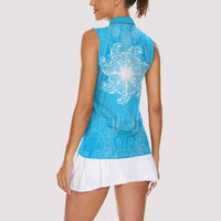 New Zealand Matariki Waiti Women Sleeveless Polo Shirt Maori Moko Cyan Galaxy LT05 - Polynesian Pride