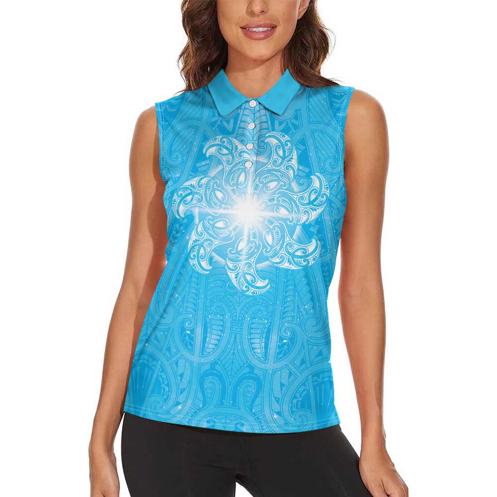 New Zealand Matariki Waiti Women Sleeveless Polo Shirt Maori Moko Cyan Galaxy LT05 - Polynesian Pride