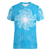 New Zealand Matariki Waiti Women V-Neck T-Shirt Maori Moko Cyan Galaxy LT05 Female Cyan - Polynesian Pride
