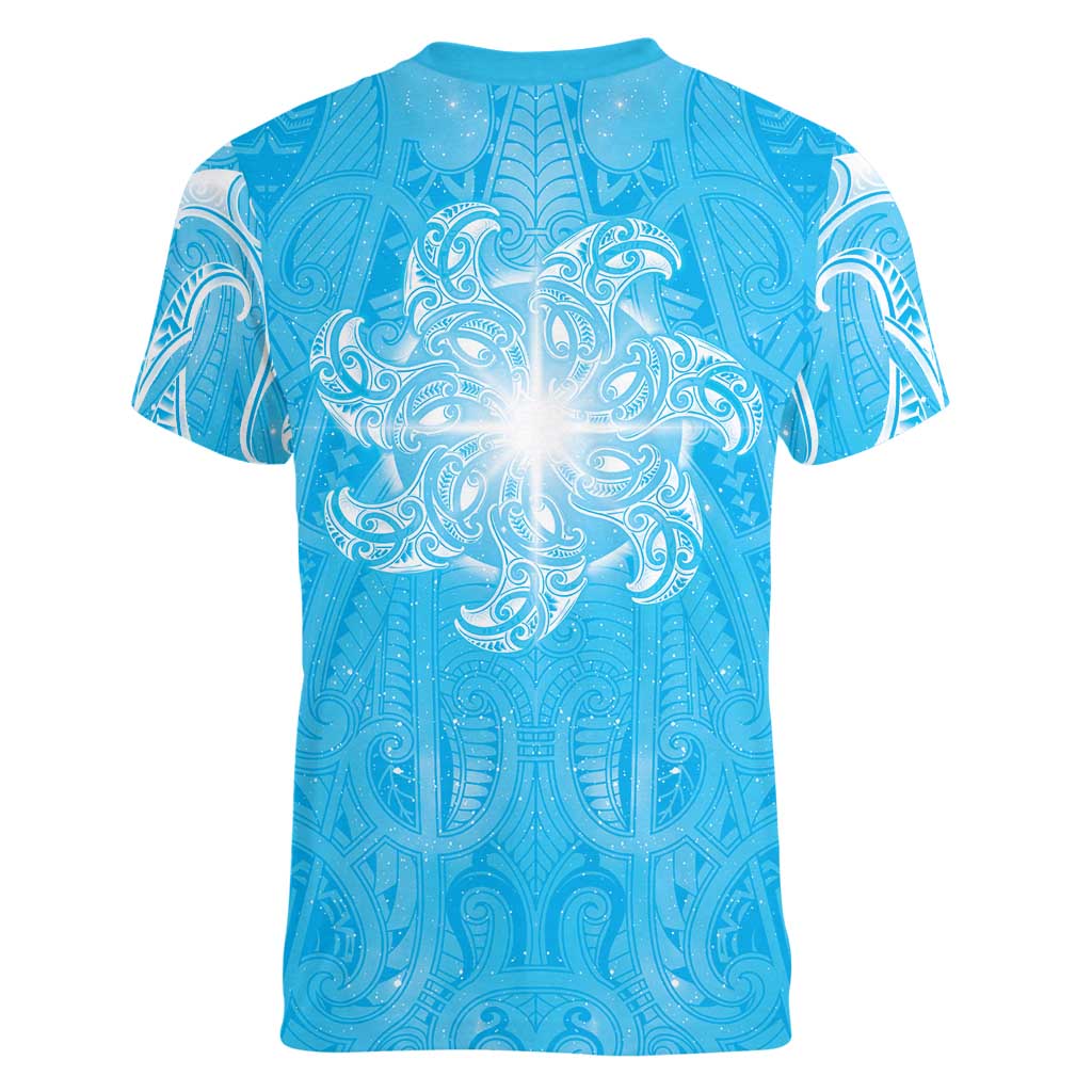 New Zealand Matariki Waiti Women V-Neck T-Shirt Maori Moko Cyan Galaxy LT05 - Polynesian Pride