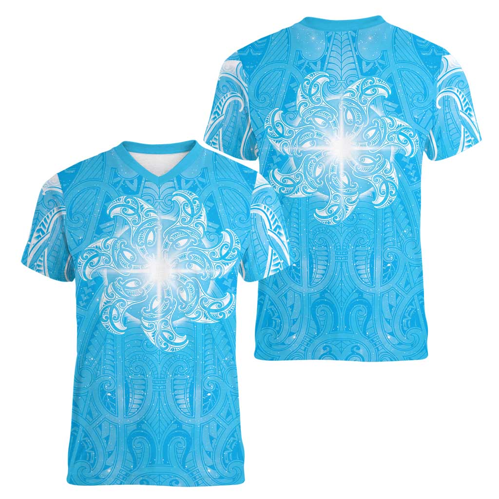 New Zealand Matariki Waiti Women V-Neck T-Shirt Maori Moko Cyan Galaxy LT05 - Polynesian Pride