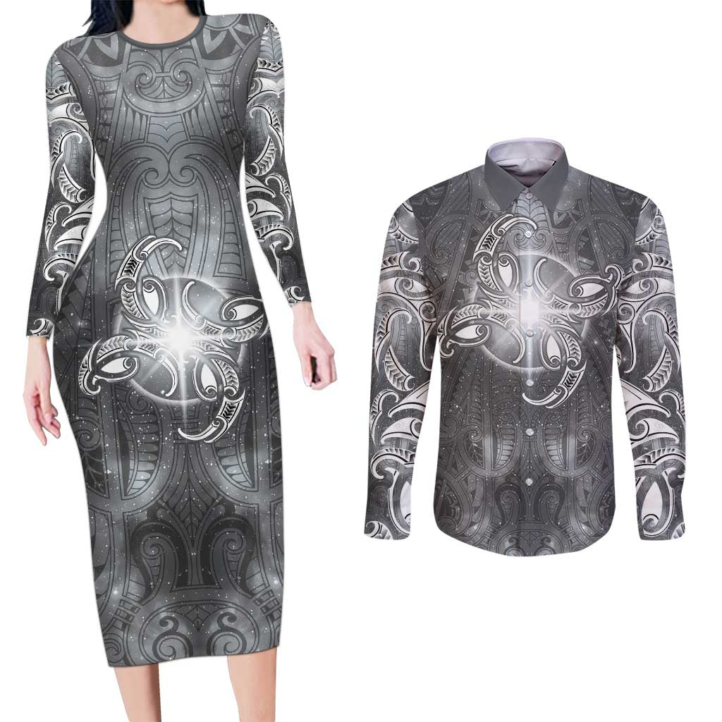 New Zealand Matariki Ururangi Couples Matching Long Sleeve Bodycon Dress and Long Sleeve Button Shirt Maori Moko Grey Galaxy