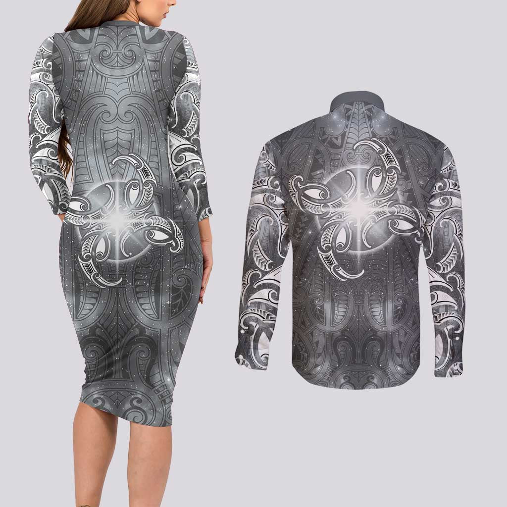 New Zealand Matariki Ururangi Couples Matching Long Sleeve Bodycon Dress and Long Sleeve Button Shirt Maori Moko Grey Galaxy LT05 - Polynesian Pride