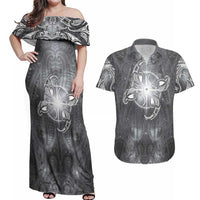 New Zealand Matariki Ururangi Couples Matching Off Shoulder Maxi Dress and Hawaiian Shirt Maori Moko Grey Galaxy LT05 Grey - Polynesian Pride