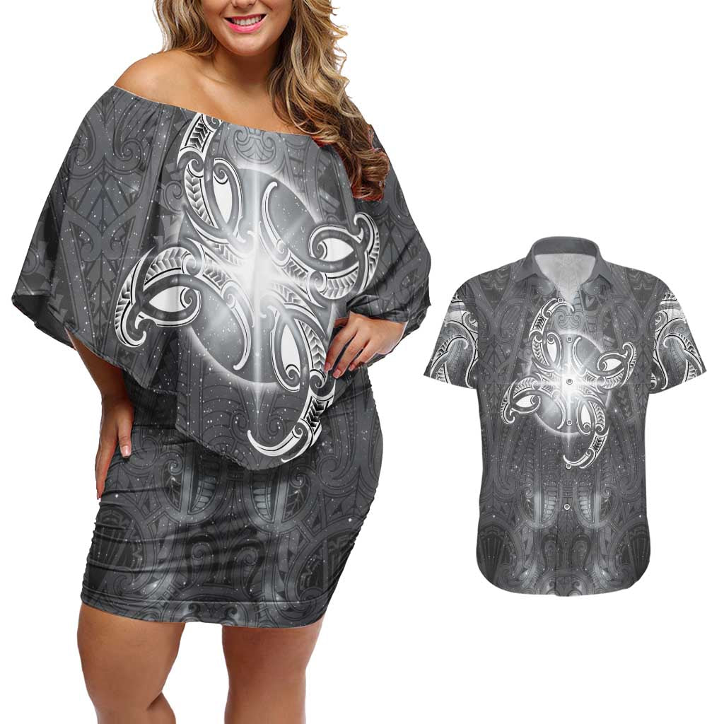 New Zealand Matariki Ururangi Couples Matching Off Shoulder Short Dress and Hawaiian Shirt Maori Moko Grey Galaxy LT05 Grey - Polynesian Pride