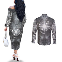 New Zealand Matariki Ururangi Couples Matching Off The Shoulder Long Sleeve Dress and Long Sleeve Button Shirt Maori Moko Grey Galaxy LT05 - Polynesian Pride