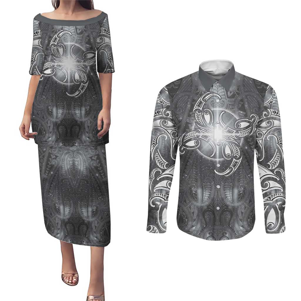 New Zealand Matariki Ururangi Couples Matching Puletasi and Long Sleeve Button Shirt Maori Moko Grey Galaxy LT05 Grey - Polynesian Pride