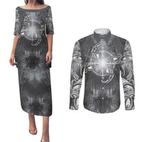New Zealand Matariki Ururangi Couples Matching Puletasi and Long Sleeve Button Shirt Maori Moko Grey Galaxy LT05 Grey - Polynesian Pride