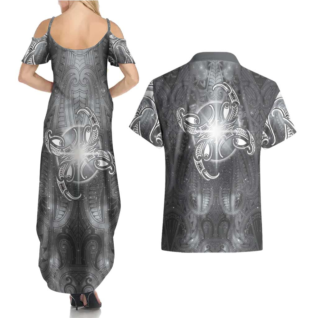 New Zealand Matariki Ururangi Couples Matching Summer Maxi Dress and Hawaiian Shirt Maori Moko Grey Galaxy LT05 - Polynesian Pride