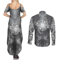 New Zealand Matariki Ururangi Couples Matching Summer Maxi Dress and Long Sleeve Button Shirt Maori Moko Grey Galaxy LT05 - Polynesian Pride