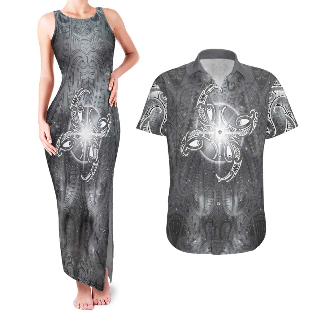 New Zealand Matariki Ururangi Couples Matching Tank Maxi Dress and Hawaiian Shirt Maori Moko Grey Galaxy