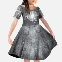 New Zealand Matariki Ururangi Family Matching Long Sleeve Bodycon Dress and Hawaiian Shirt Maori Moko Grey Galaxy LT05 Daughter's Dress Grey - Polynesian Pride