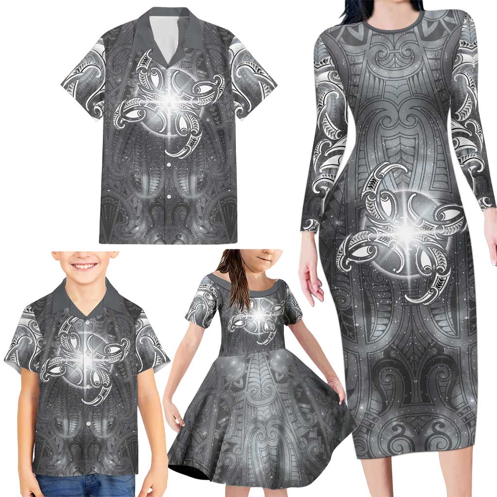 New Zealand Matariki Ururangi Family Matching Long Sleeve Bodycon Dress and Hawaiian Shirt Maori Moko Grey Galaxy