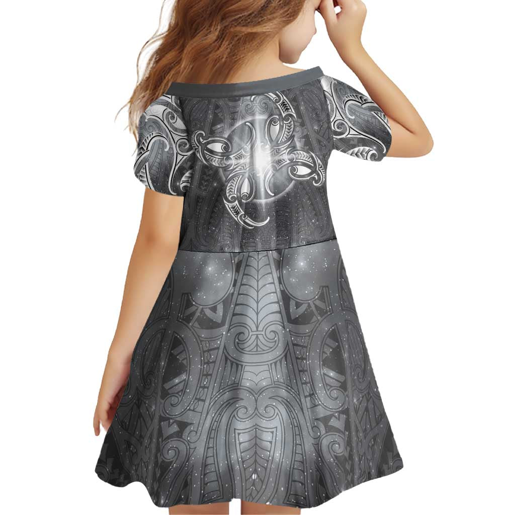 New Zealand Matariki Ururangi Family Matching Off The Shoulder Long Sleeve Dress and Hawaiian Shirt Maori Moko Grey Galaxy LT05 - Polynesian Pride