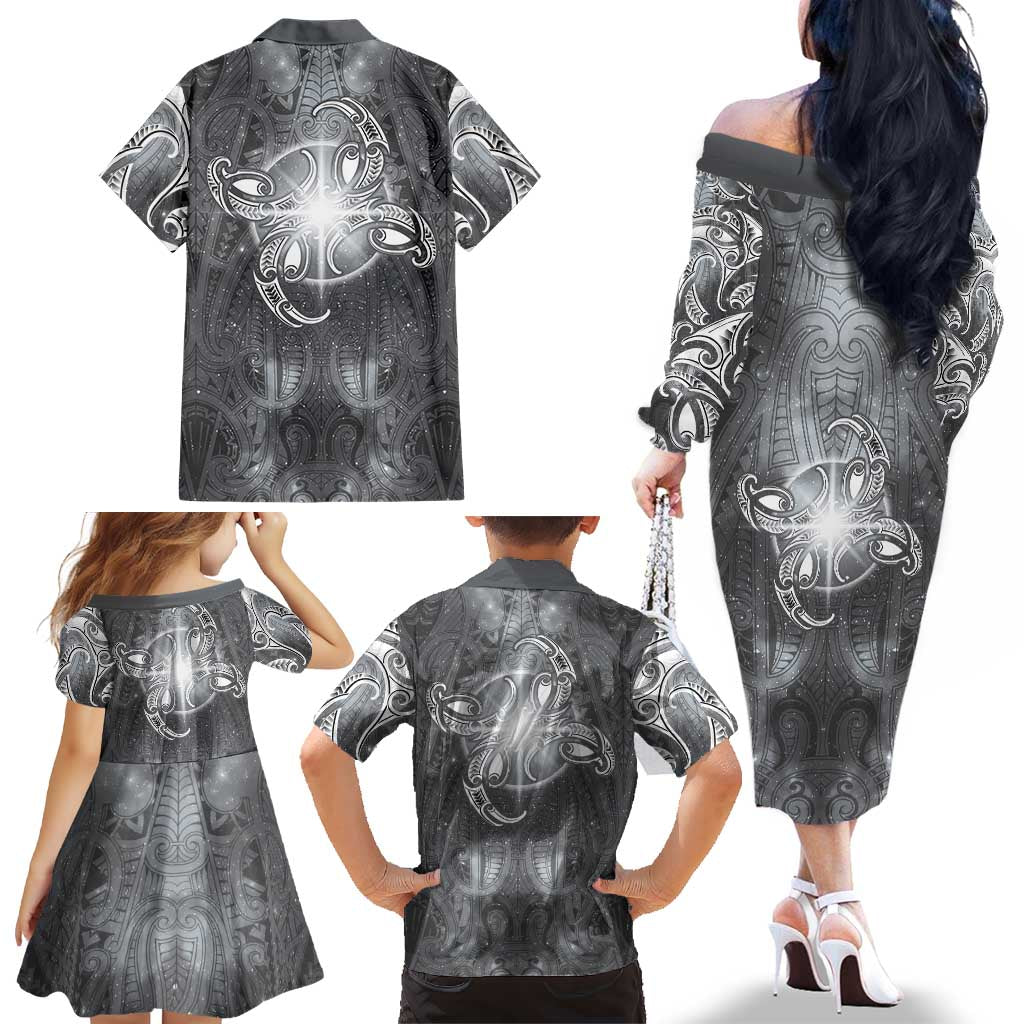 New Zealand Matariki Ururangi Family Matching Off The Shoulder Long Sleeve Dress and Hawaiian Shirt Maori Moko Grey Galaxy LT05 - Polynesian Pride