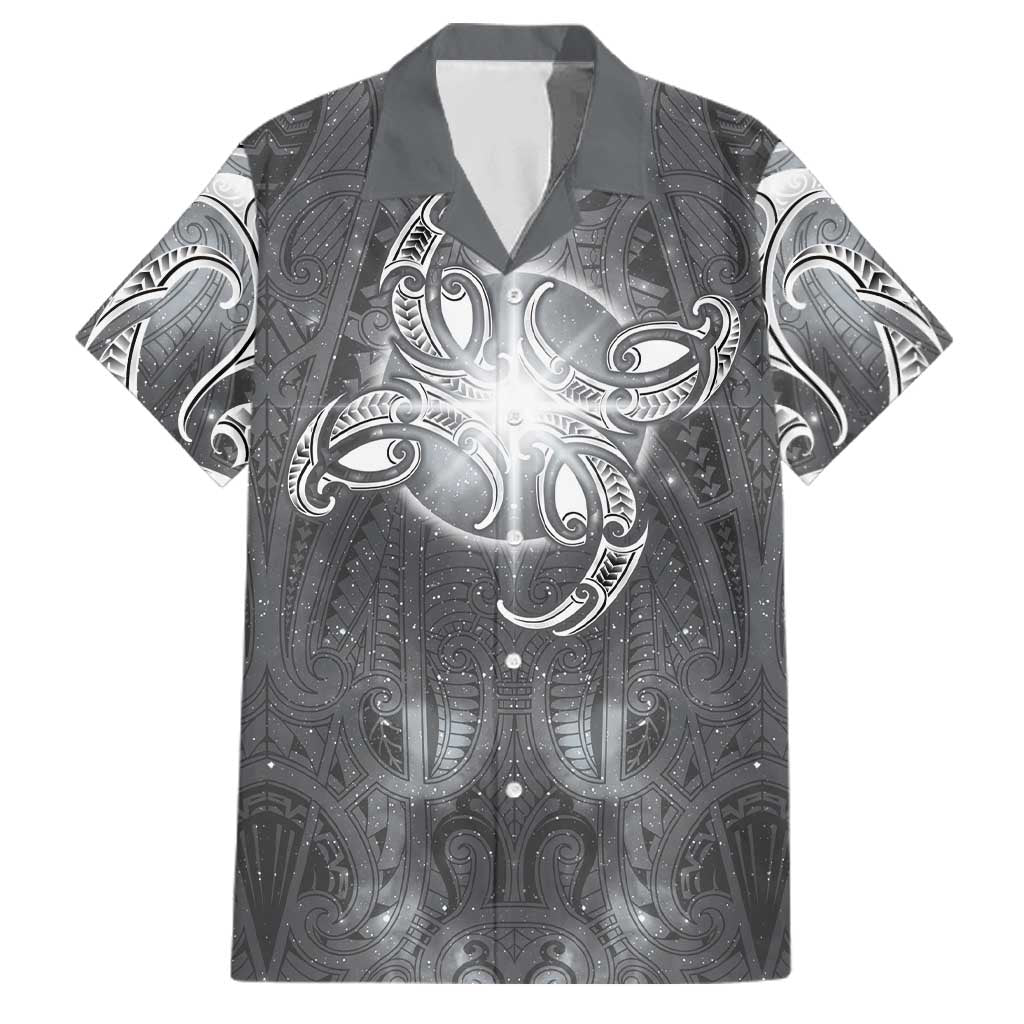 New Zealand Matariki Ururangi Family Matching Off The Shoulder Long Sleeve Dress and Hawaiian Shirt Maori Moko Grey Galaxy LT05 Dad's Shirt - Short Sleeve Grey - Polynesian Pride