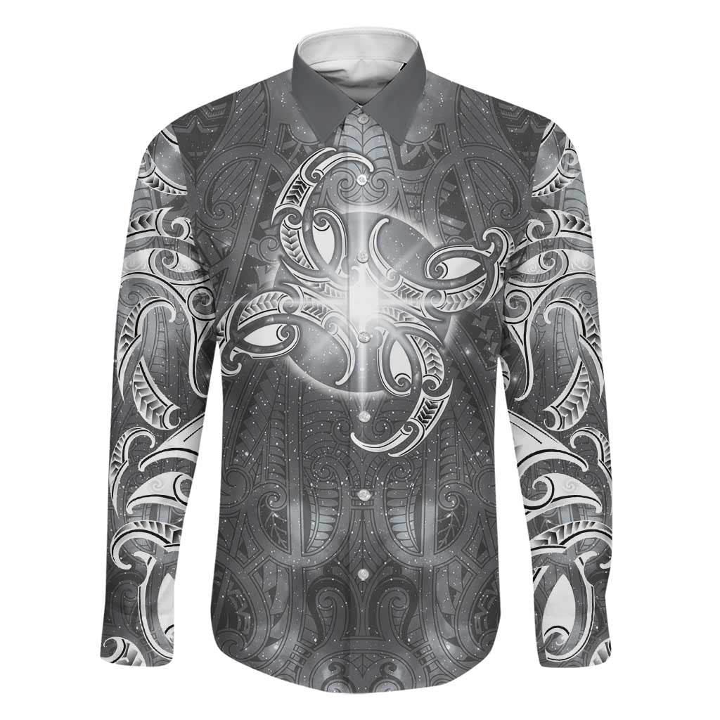 New Zealand Matariki Ururangi Family Matching Off The Shoulder Long Sleeve Dress and Hawaiian Shirt Maori Moko Grey Galaxy LT05 Dad's Shirt - Long Sleeve Grey - Polynesian Pride