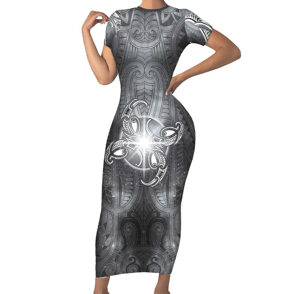 New Zealand Matariki Ururangi Family Matching Short Sleeve Bodycon Dress and Hawaiian Shirt Maori Moko Grey Galaxy LT05 Mom's Dress Grey - Polynesian Pride