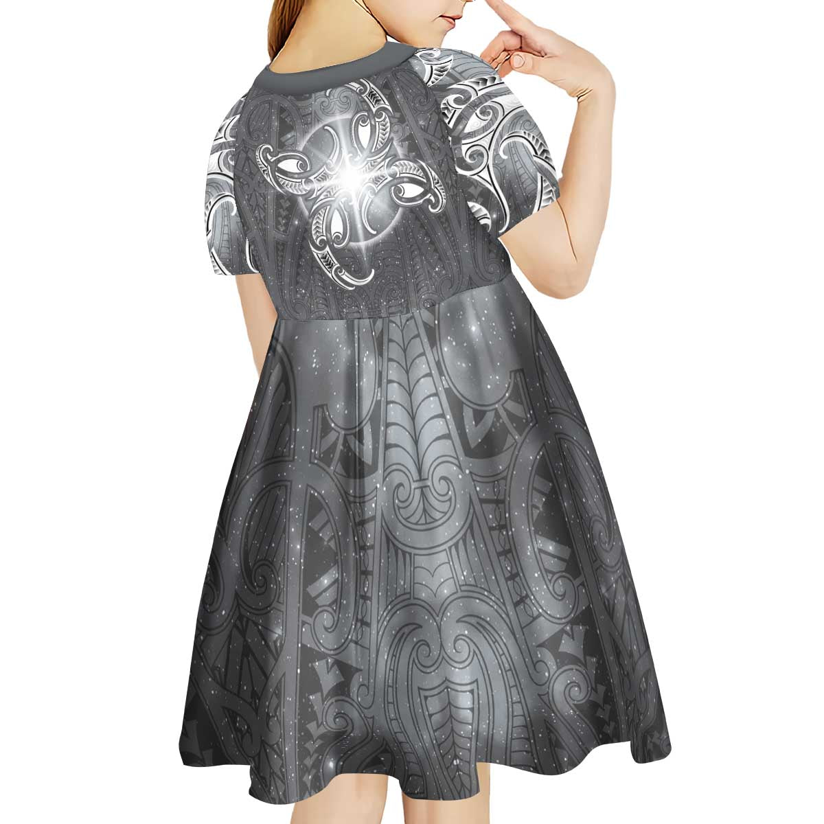New Zealand Matariki Ururangi Kid Short Sleeve Dress Maori Moko Grey Galaxy LT05 - Polynesian Pride