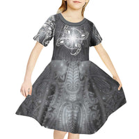 New Zealand Matariki Ururangi Kid Short Sleeve Dress Maori Moko Grey Galaxy LT05 - Polynesian Pride