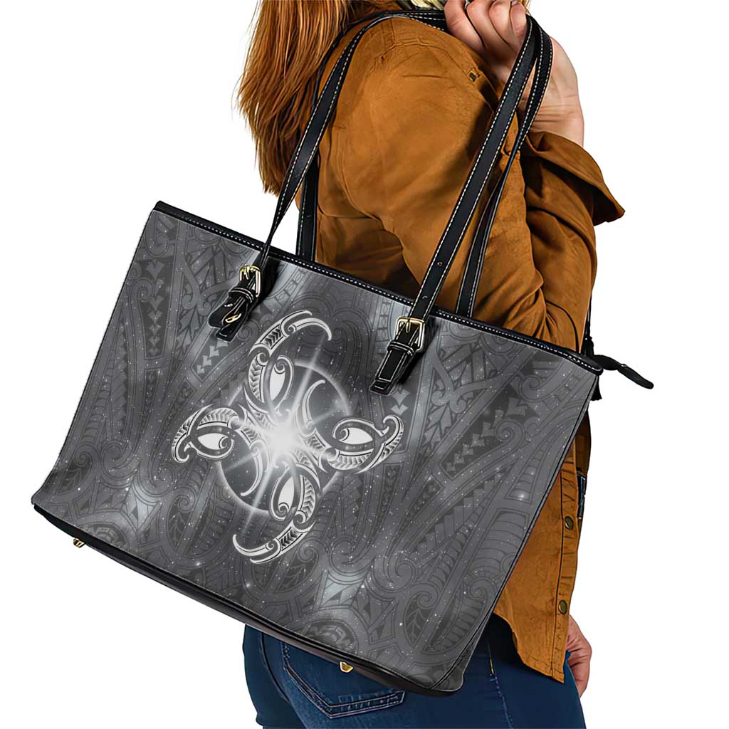 New Zealand Matariki Ururangi Leather Tote Bag Maori Moko Grey Galaxy