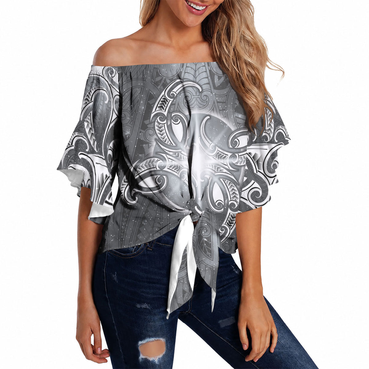 New Zealand Matariki Ururangi Off Shoulder Wrap Waist Top Maori Moko Grey Galaxy LT05 - Polynesian Pride