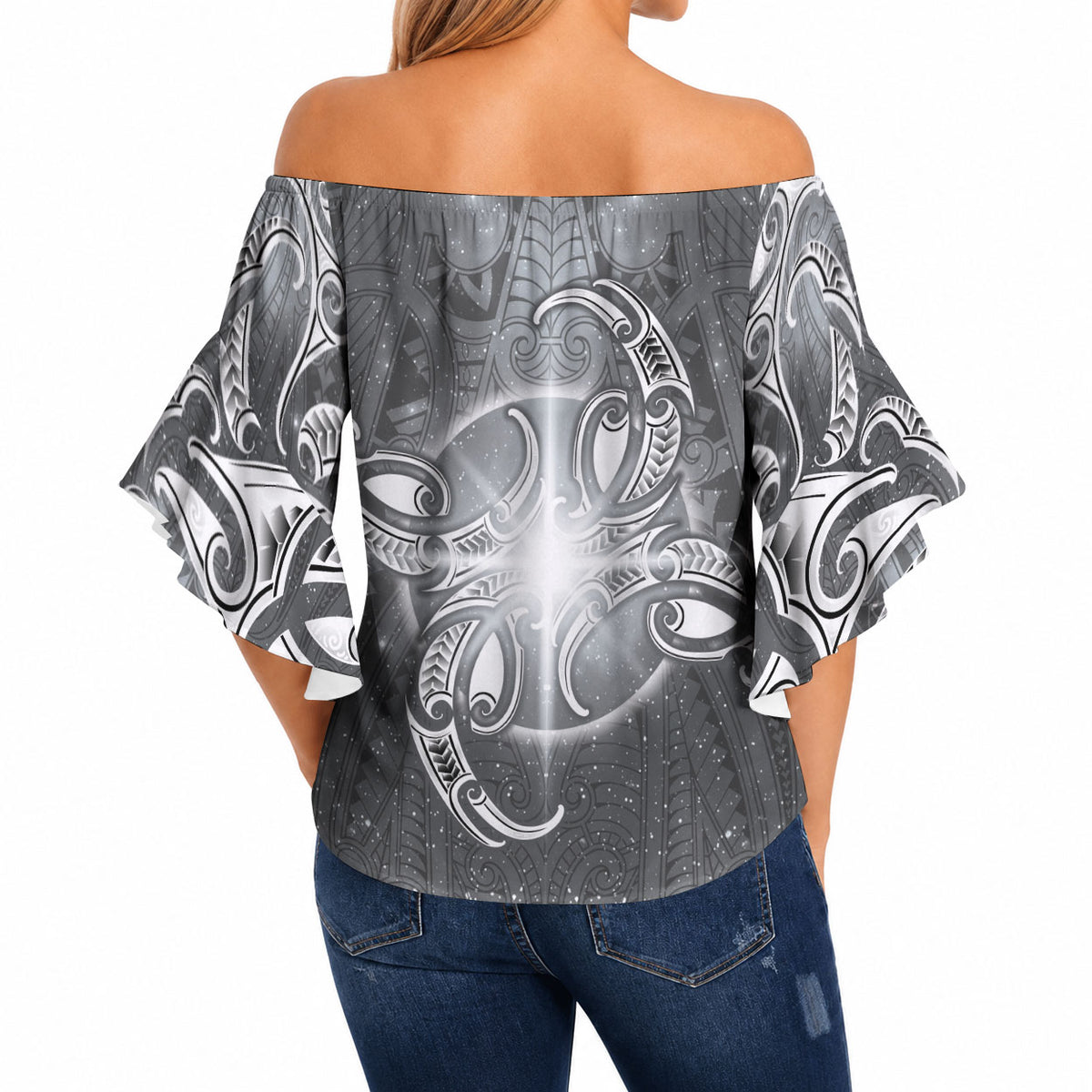 New Zealand Matariki Ururangi Off Shoulder Wrap Waist Top Maori Moko Grey Galaxy LT05 - Polynesian Pride