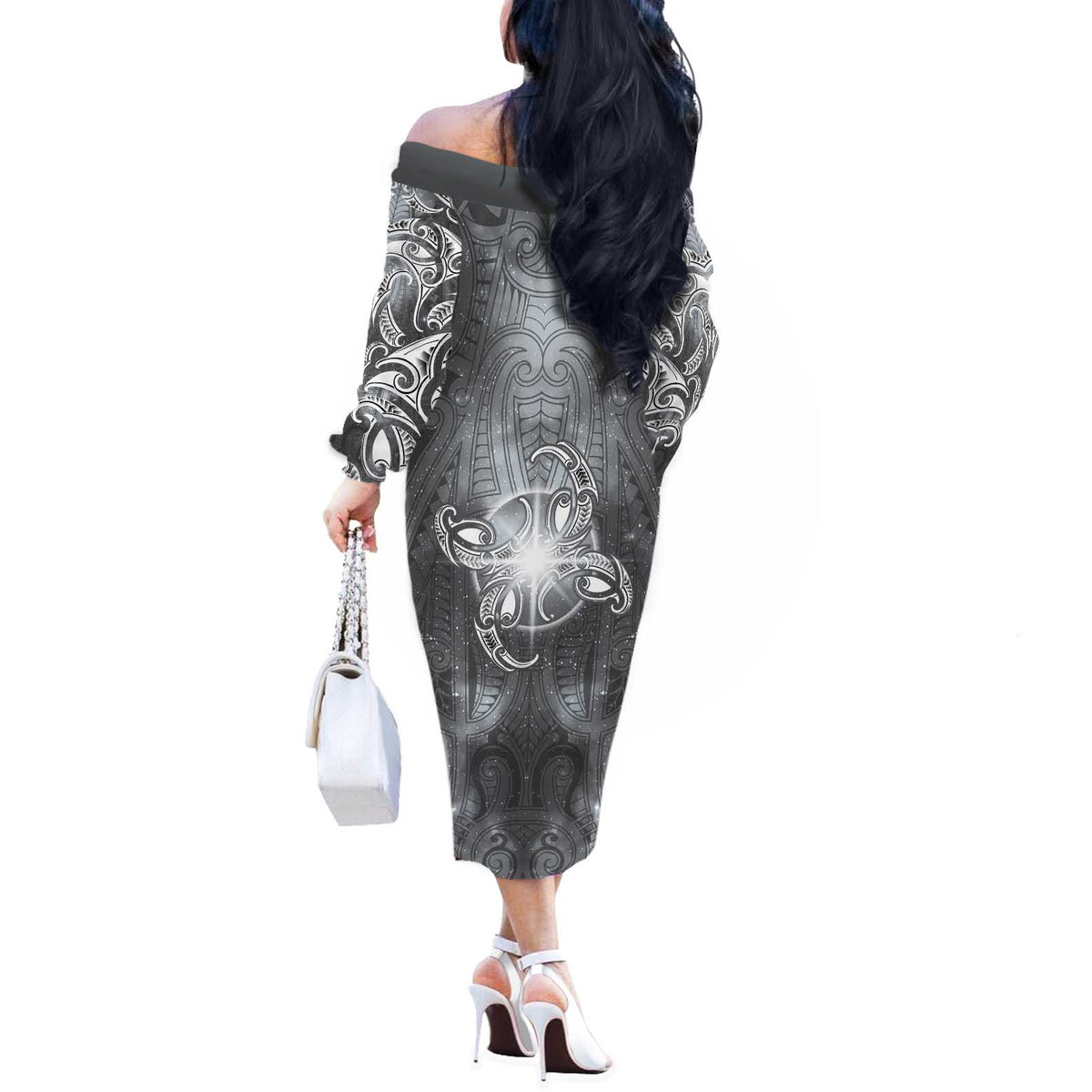 New Zealand Matariki Ururangi Off The Shoulder Long Sleeve Dress Maori Moko Grey Galaxy LT05 - Polynesian Pride