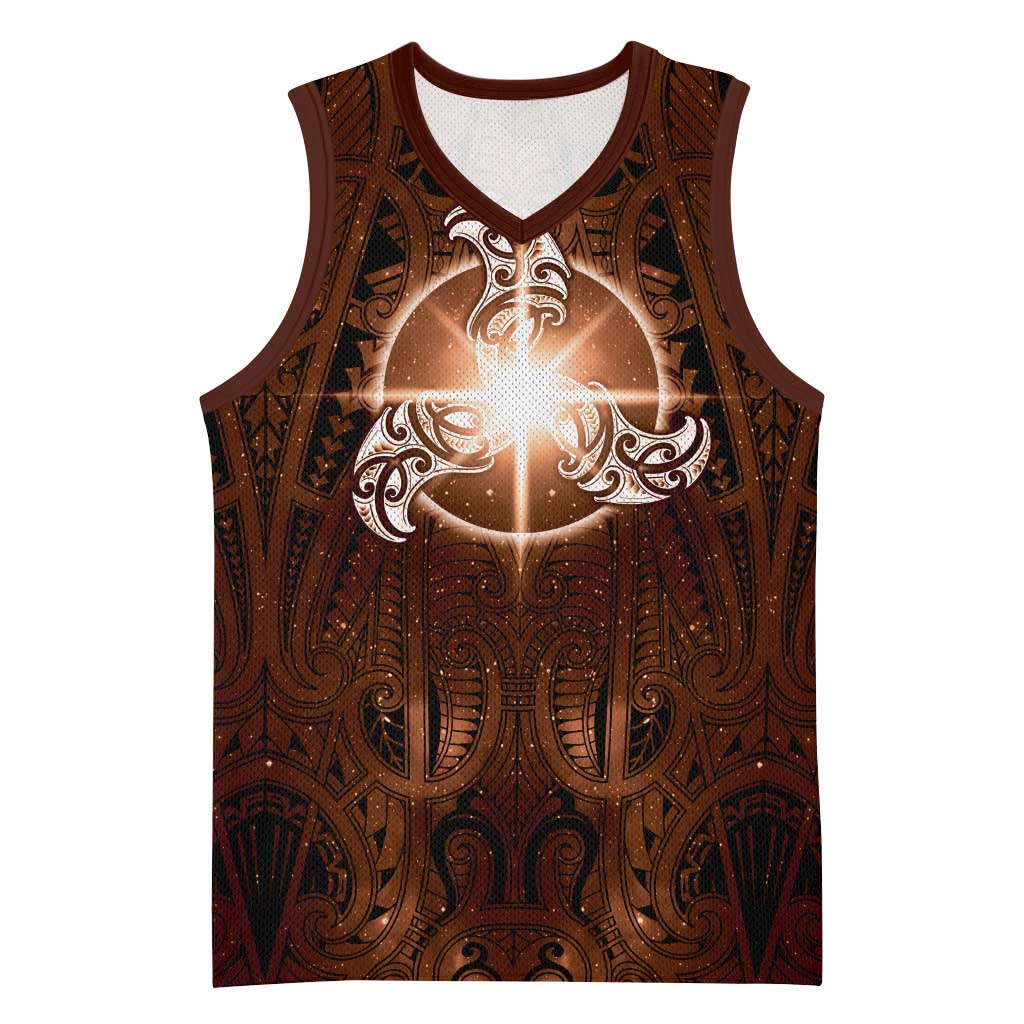 New Zealand Matariki Tupuanuku Basketball Jersey Maori Moko Brown Galaxy LT05 Unisex Brown - Polynesian Pride