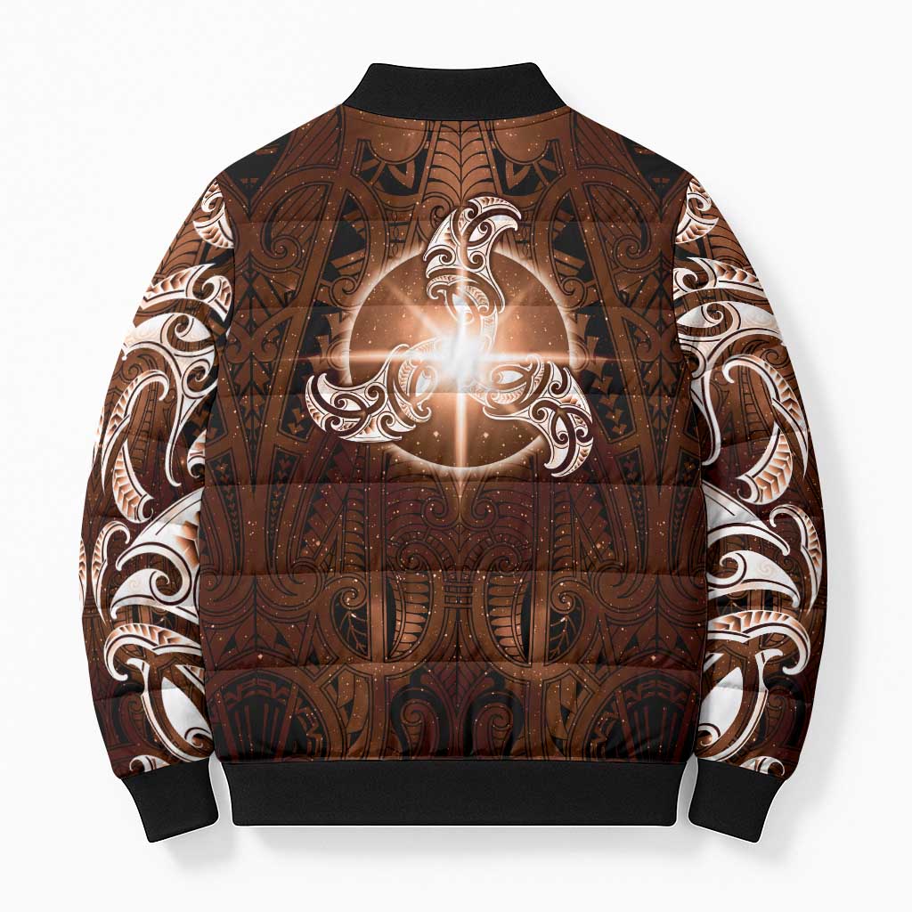 New Zealand Matariki Tupuanuku Bomber Puffer Jacket Maori Moko Brown Galaxy