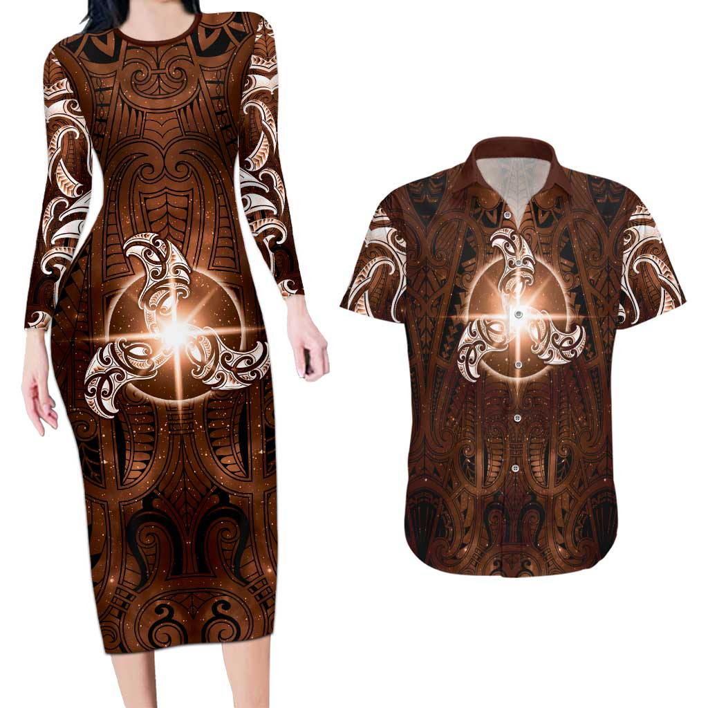 New Zealand Matariki Tupuanuku Couples Matching Long Sleeve Bodycon Dress and Hawaiian Shirt Maori Moko Brown Galaxy LT05 Brown - Polynesian Pride