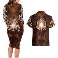 New Zealand Matariki Tupuanuku Couples Matching Long Sleeve Bodycon Dress and Hawaiian Shirt Maori Moko Brown Galaxy LT05 - Polynesian Pride