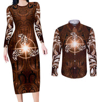New Zealand Matariki Tupuanuku Couples Matching Long Sleeve Bodycon Dress and Long Sleeve Button Shirt Maori Moko Brown Galaxy LT05 Brown - Polynesian Pride