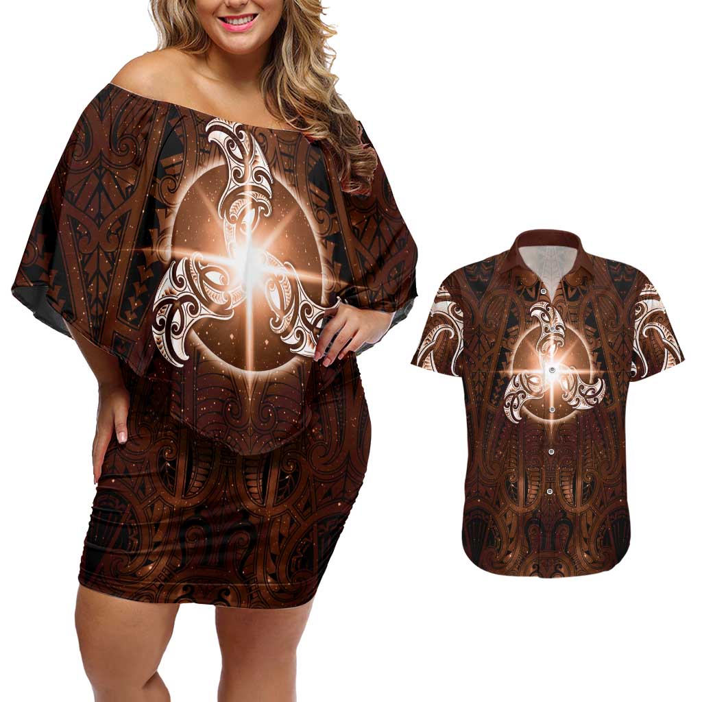 New Zealand Matariki Tupuanuku Couples Matching Off Shoulder Short Dress and Hawaiian Shirt Maori Moko Brown Galaxy LT05 Brown - Polynesian Pride