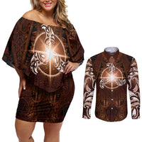 New Zealand Matariki Tupuanuku Couples Matching Off Shoulder Short Dress and Long Sleeve Button Shirt Maori Moko Brown Galaxy LT05 Brown - Polynesian Pride