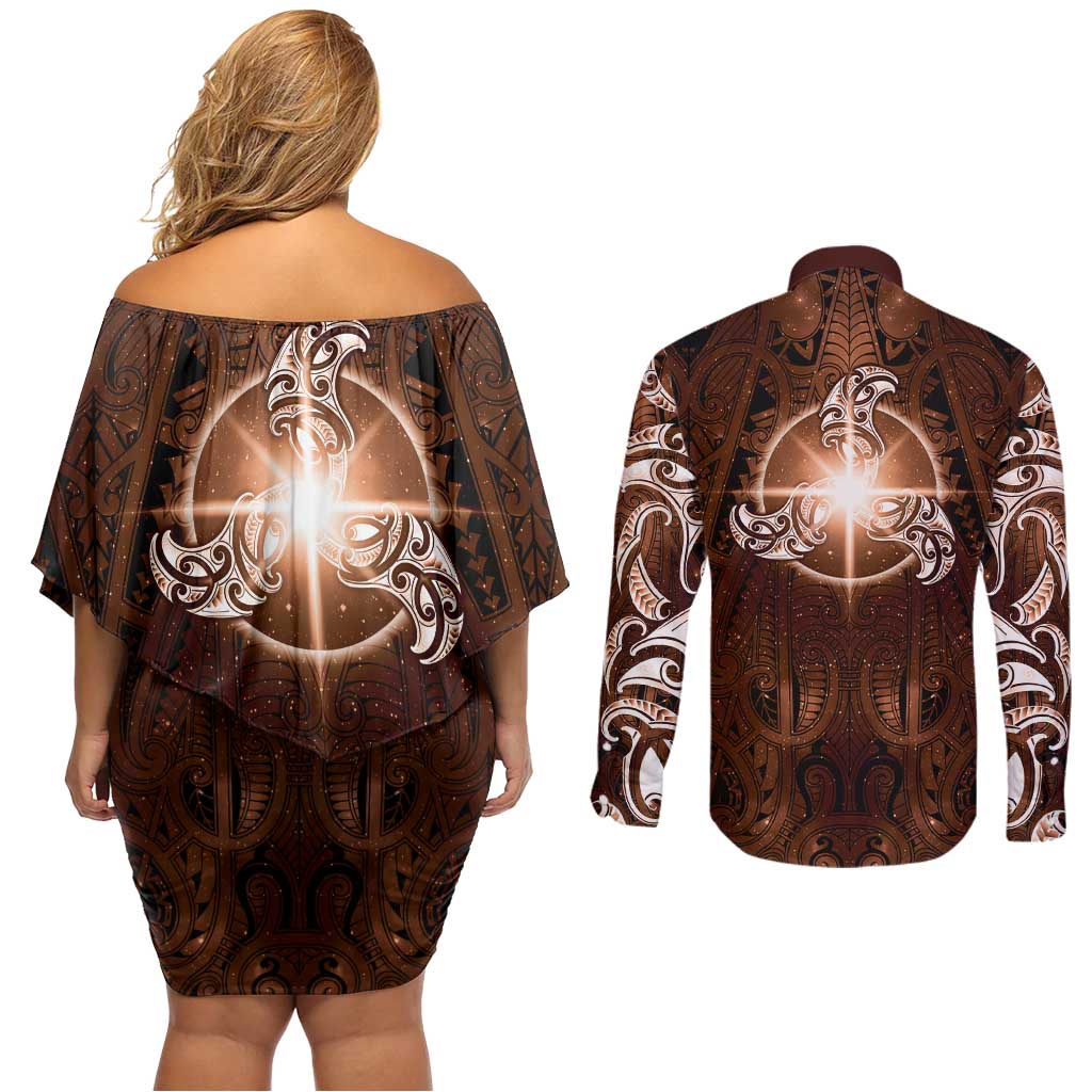 New Zealand Matariki Tupuanuku Couples Matching Off Shoulder Short Dress and Long Sleeve Button Shirt Maori Moko Brown Galaxy LT05 - Polynesian Pride