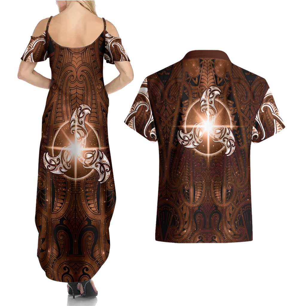 New Zealand Matariki Tupuanuku Couples Matching Summer Maxi Dress and Hawaiian Shirt Maori Moko Brown Galaxy LT05 - Polynesian Pride