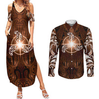 New Zealand Matariki Tupuanuku Couples Matching Summer Maxi Dress and Long Sleeve Button Shirt Maori Moko Brown Galaxy LT05 Brown - Polynesian Pride