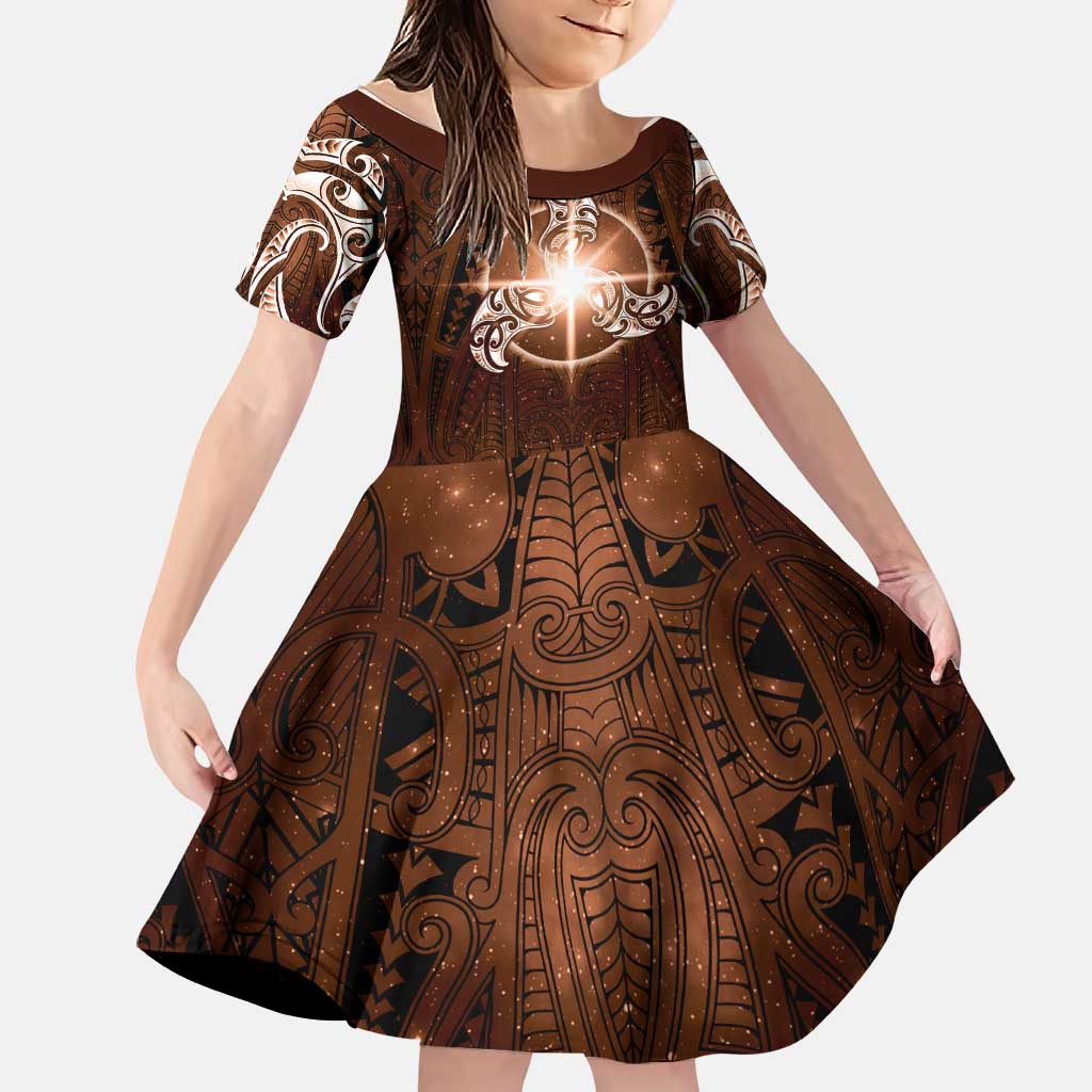 New Zealand Matariki Tupuanuku Family Matching Mermaid Dress and Hawaiian Shirt Maori Moko Brown Galaxy LT05 Daughter's Dress Brown - Polynesian Pride