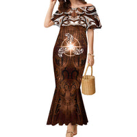 New Zealand Matariki Tupuanuku Family Matching Mermaid Dress and Hawaiian Shirt Maori Moko Brown Galaxy LT05 Mom's Dress Brown - Polynesian Pride