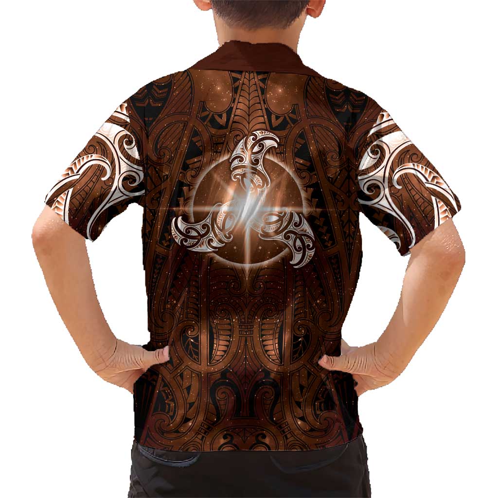 New Zealand Matariki Tupuanuku Family Matching Off The Shoulder Long Sleeve Dress and Hawaiian Shirt Maori Moko Brown Galaxy LT05 - Polynesian Pride