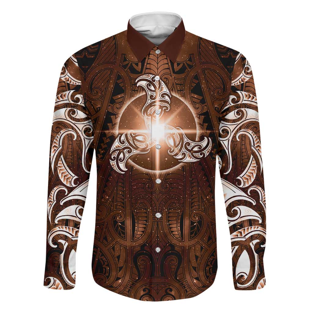 New Zealand Matariki Tupuanuku Family Matching Off Shoulder Short Dress and Hawaiian Shirt Maori Moko Brown Galaxy LT05 Dad's Shirt - Long Sleeve Brown - Polynesian Pride