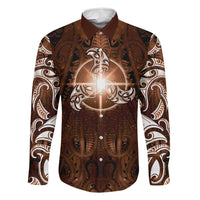 New Zealand Matariki Tupuanuku Family Matching Off Shoulder Short Dress and Hawaiian Shirt Maori Moko Brown Galaxy LT05 Dad's Shirt - Long Sleeve Brown - Polynesian Pride