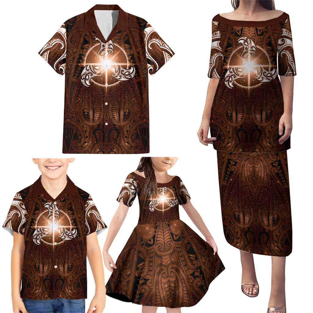 New Zealand Matariki Tupuanuku Family Matching Puletasi and Hawaiian Shirt Maori Moko Brown Galaxy LT05 - Polynesian Pride