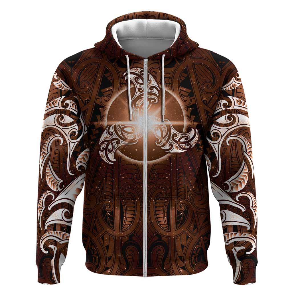 New Zealand Matariki Tupuanuku Hoodie Maori Moko Brown Galaxy LT05 Zip Hoodie Brown - Polynesian Pride