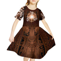 New Zealand Matariki Tupuanuku Kid Short Sleeve Dress Maori Moko Brown Galaxy LT05 - Polynesian Pride